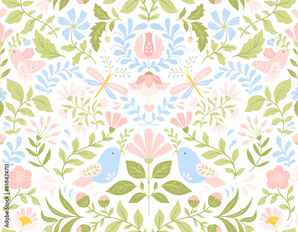 Vector Floral Seamless Pattern with Birds and Flowers in Folk Art style in Pastel Tones Vector Floral Seamless Pattern with Birds and Flowers in Folk Art style in Pastel Tones