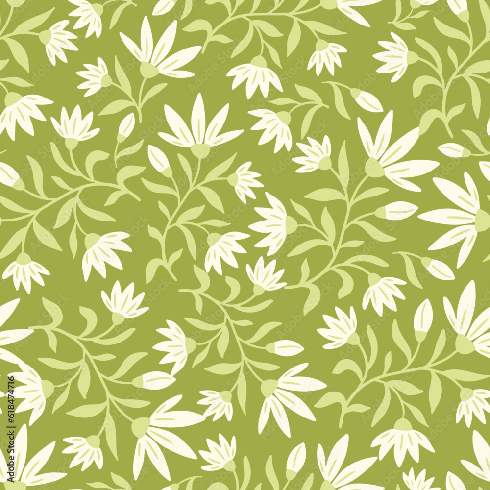 Vector seamless pattern with white flowers and green leaves