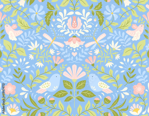 Vector Floral Seamless Pattern with Birds and Flowers in Folk Art style in Pastel Tones