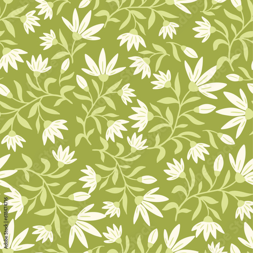 Vector seamless pattern with white flowers and green leaves