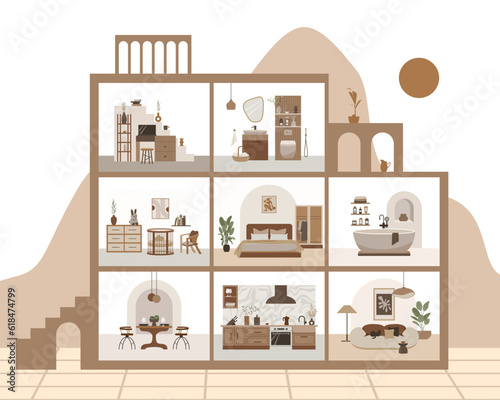 House in cut vector infographic design. Dollhouse concept in boho style.