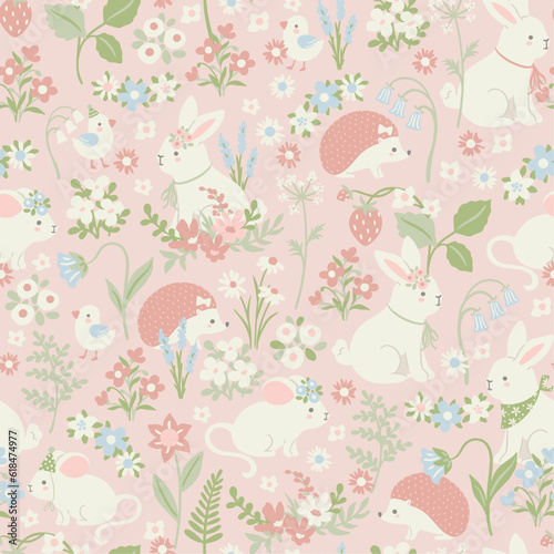 Vector pink seamless pattern with cute animals and flowers