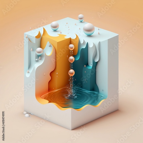3d abstract cube with water and bubbles. 3d render.