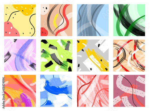 Set of twelve abstract backgrounds. Hand drawn various shapes and doodle objects creative brush. Current modern trends vector illustration. Each background is isolated. Pastel colors