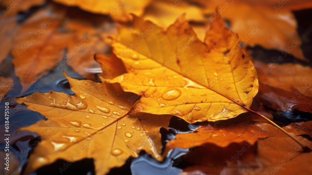 Wet Orange Maple Leaves on a Puddle on an Autumn Day Wet Orange Maple Leaves on a Puddle on an Autumn Day