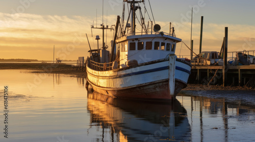 Fishing Boat Docked at a Harbor Pier during Low Tide