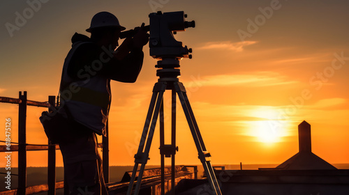 Silhouette of a Surveyor Performing Measurement Tasks with Surveying Tool