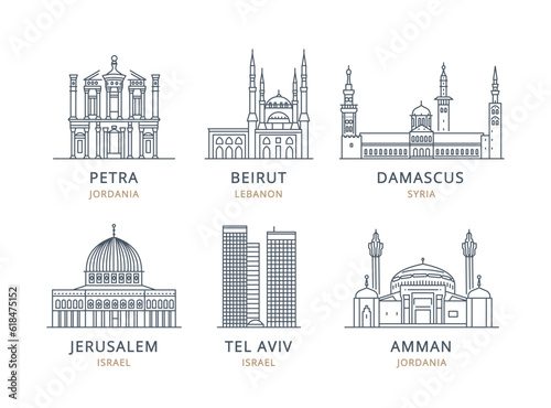 Сollection of Middle Eastern city icons with urban landmarks. Linear illustrations of modern city symbols by Amman, Petra, Damascus, Beirut, Jerusalem, Tel Aviv. Architectural vectors on white backgro