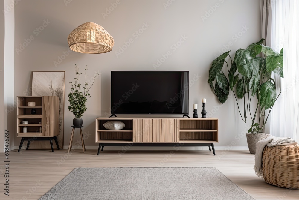 In a room with contemporary furniture, there is a modern widescreen TV on a white wall. Generative AI In a room with contemporary furniture, there is a modern widescreen TV on a white wall. Generative AI