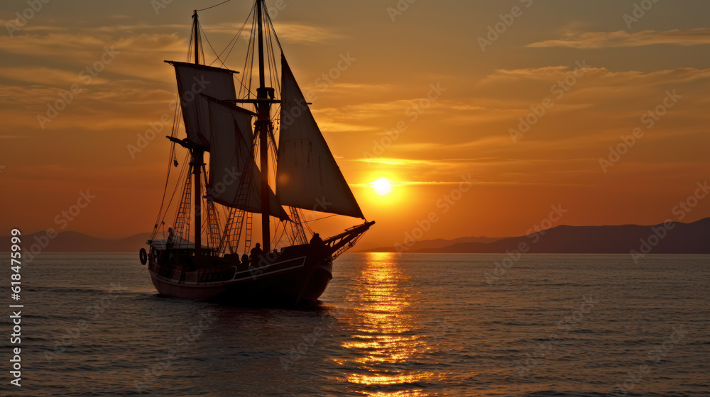 Silhouette of Ancient Galleon Sailing at Sunset