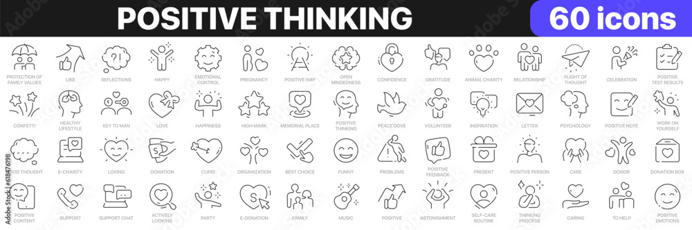 Positive thinking line icons collection. Psychology, charity, family, happy, peace icons. UI icon set. Thin outline icons pack. Vector illustration EPS10 - obrazy, fototapety, plakaty 