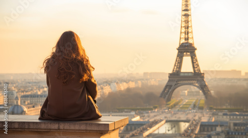Woman Enjoying the View of the Eiffel Tower While Seated at Sunset