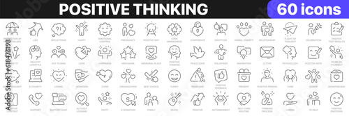 Positive thinking line icons collection. Psychology, charity, family, happy, peace icons. UI icon set. Thin outline icons pack. Vector illustration EPS10