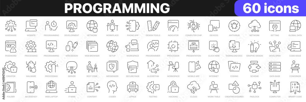 Programming line icons collection. Technology, coworking, developer, website, coding, app icons. UI icon set. Thin outline icons pack. Vector illustration EPS10