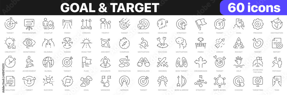 Goal and target line icons collection. Startup, strategy, trophy, flag, arrow, success icons. UI icon set. Thin outline icons pack. Vector illustration EPS10