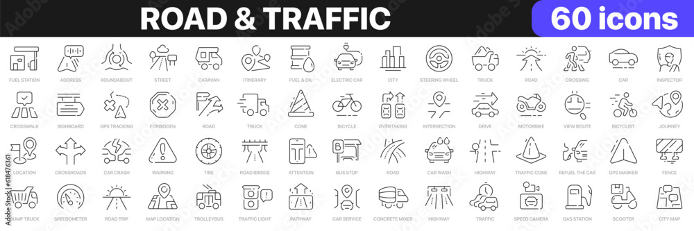 Road and traffic line icons collection. Street, transport, fuel, vehicle, location, car service icons. UI icon set. Thin outline icons pack. Vector illustration EPS10