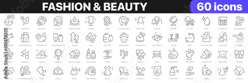 Fashion and beauty line icons collection. Shopping, cream, cosmetics, skin care, makeup icons. UI icon set. Thin outline icons pack. Vector illustration EPS10