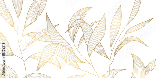 Vector art deco luxury leaf line pattern, golden background. Hand drawn wavy plants for packaging, social media post, cover, banner, creative post and wall arts. Japanese style.