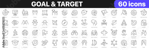 Goal and target line icons collection. Startup, strategy, trophy, flag, arrow, success icons. UI icon set. Thin outline icons pack. Vector illustration EPS10