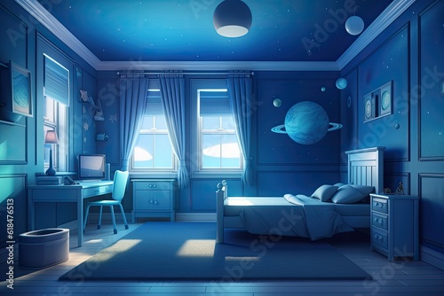 Wallpaper Mural Illustration of a vivid blue children's bedroom. Illustration of the idea for a boy's room with a space theme in terms of interior design. Generative AI Torontodigital.ca