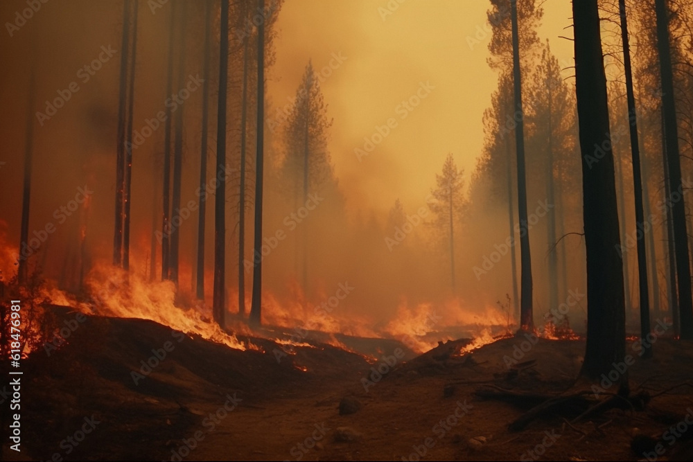 Climate change fire and smoke with forest in nature for deforestation, disaster and ecology. Ai generated, plants and timber with landscape of woods flame for earth, disaster and pollution