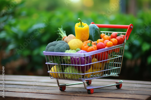 Supermarket trolley full of fruits and vegetables  shopping products  colorful and vibrant.Generative AI