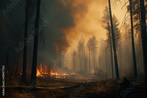 Deforestation, fire and smoke with forest in nature for environment, climate change and ecology. Ai generated, plants and timber with landscape of woods flame for earth, disaster and pollution