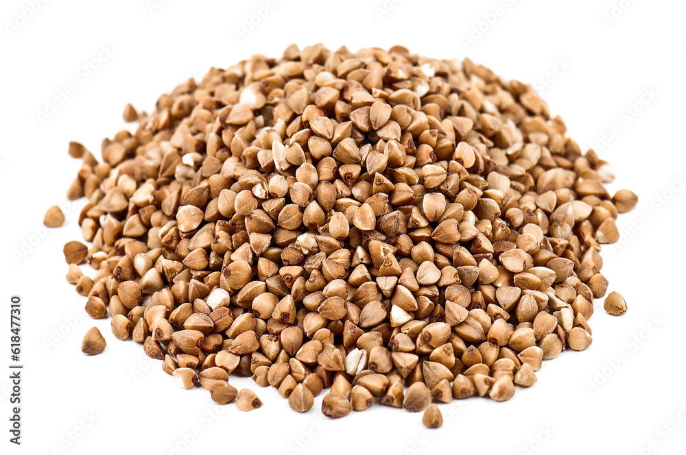 Fototapeta premium Heap of buckwheat grains on white background