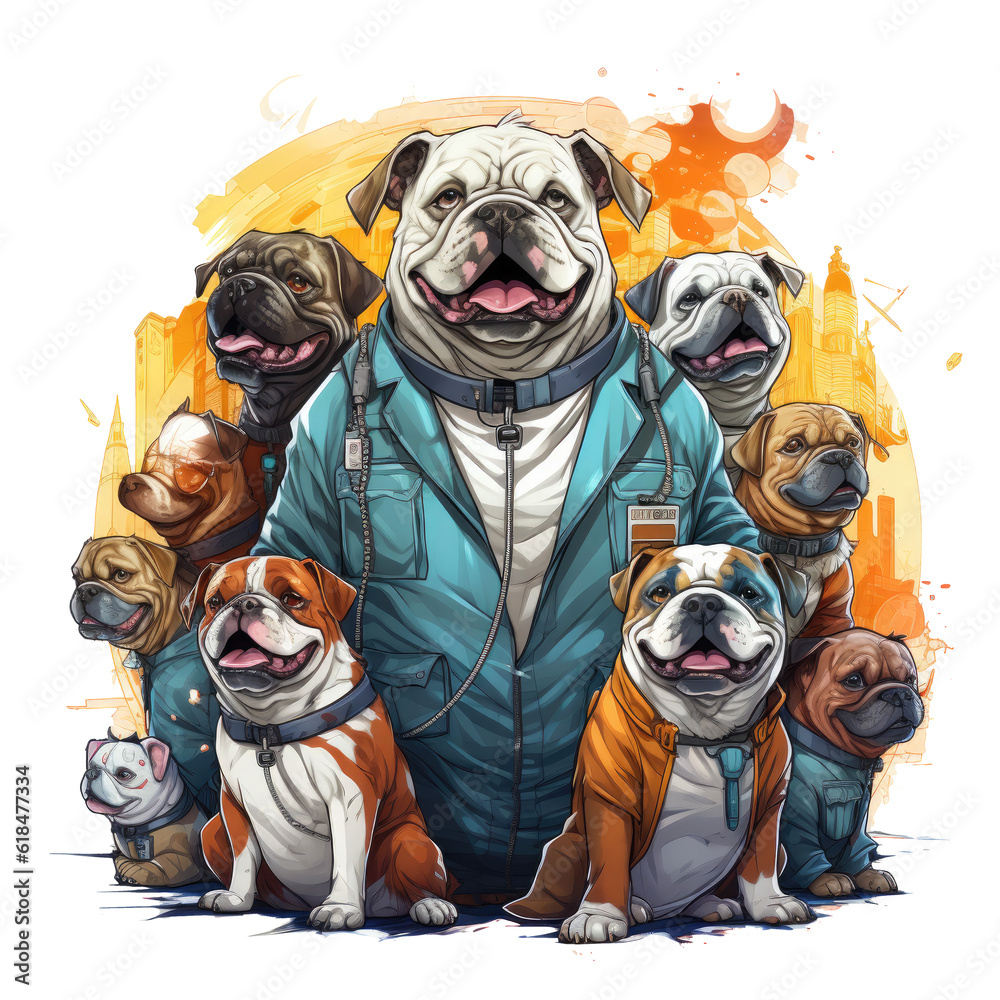 an English Bulldog wearing a dentist's coat and holding a dental tool, surrounded by other dogs with various dental problems, Generative Ai