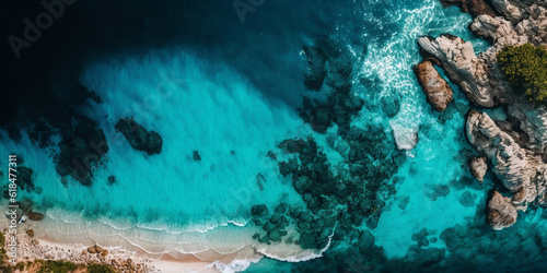 Aerial photo of summer beach and blue ocean with sky