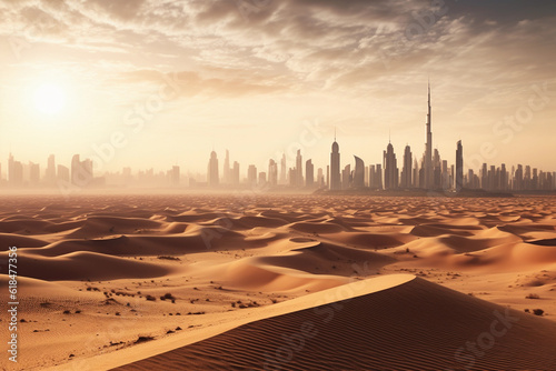 Aerial view of dubai desert with skyline at the background