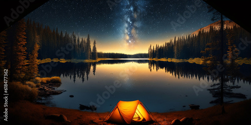 Camping tent high in the mountains at sunset. banner with copy space