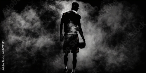 Silhouette of a football player standing on a dark background and smoke