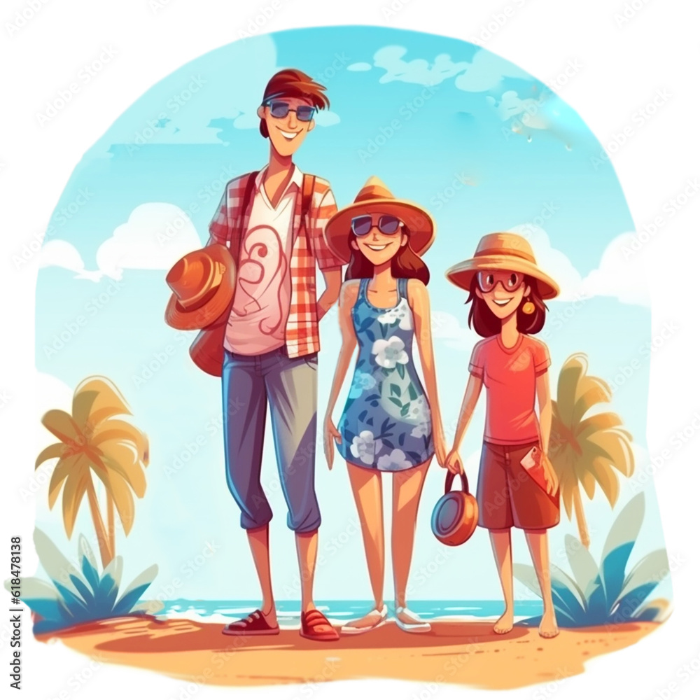 illustration of a family summer vacation on the beachfront in cartoon style