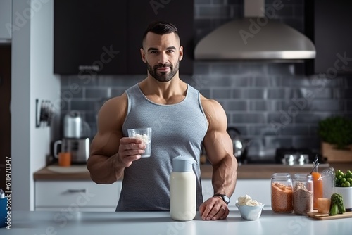 Athletic handsome young man holding glass with cottage cheese, mixing healthy breakfast and standing near table in the kitchen at home.