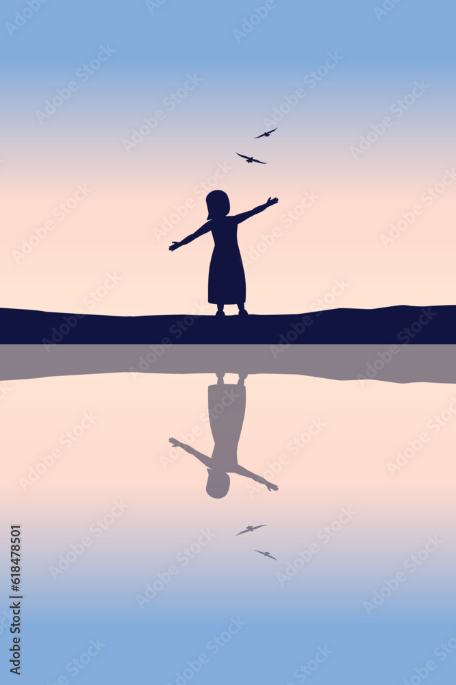 happy little girl dream about flying with birds by the lake at sunset silhouette vector illustration EPS10 happy little girl dream about flying with birds by the lake at sunset silhouette vector illustration EPS10
