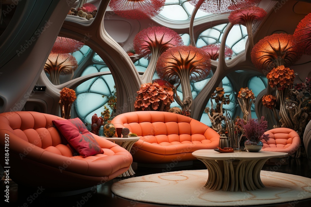 Weird futuristic design interior where rooms furniture looks like  mushrooms. Amazing design details. Generative AI. Stock Illustration
