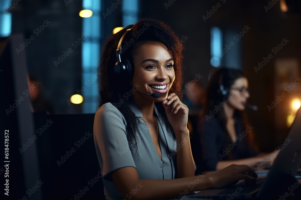 Smiling young African American call center operator woman with curly hair using headset working on laptop at customer service office. Smiling young African American call center operator woman with curly hair using headset working on laptop at customer service office.