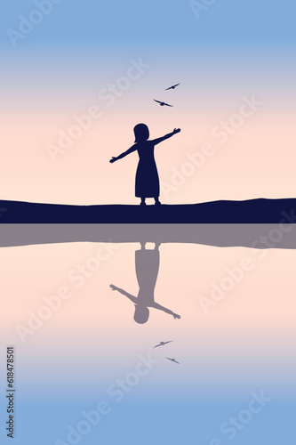 happy little girl dream about flying with birds by the lake at sunset silhouette vector illustration EPS10