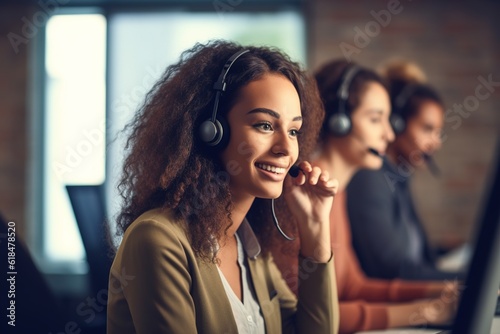 Smiling young telephone operator woman with curly hair using headset while working at customer service office.