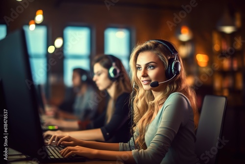 Portrait of beautiful blond haired woman customer service executive working on computer accompanied with her colleagues at office.