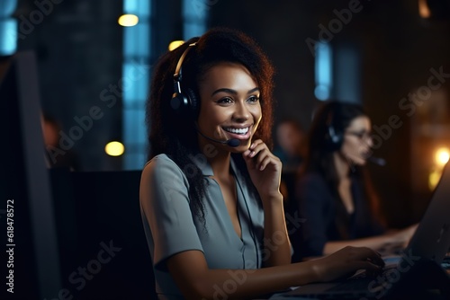 Smiling young African American call center operator woman with curly hair using headset working on laptop at customer service office.