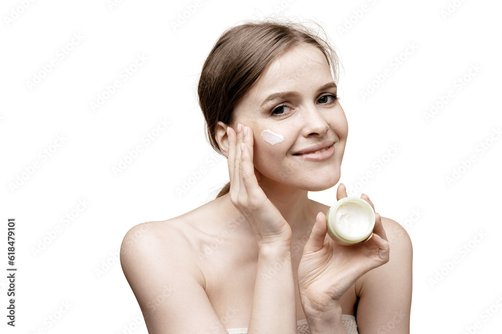 Woman cream spa clean skin portrait, looking at the camera. transparent background, png. Woman cream spa clean skin portrait, looking at the camera. transparent background, png.