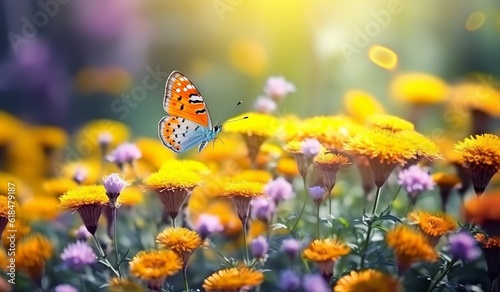 Macro view of Santolina flowers and butterflies in a meadow outdoors, set in nature on a bright sunny day with soft selective focus. Made with Generative AI technology © mafizul_islam