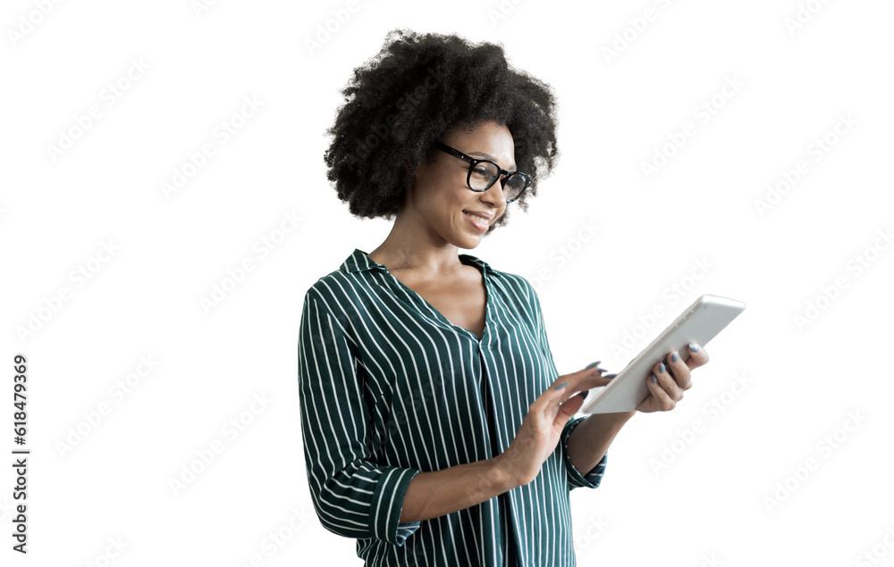 A curly-haired contented woman in a striped shirt is a student. The assistant of the person using the tablet. transparent background, png. - obrazy, fototapety, plakaty 
