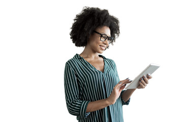 A curly-haired contented woman in a striped shirt is a student. The assistant of the person using the tablet. transparent background, png.