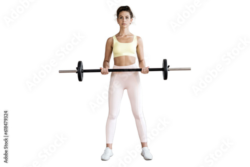 Uses a barbell biceps exercise, a full-length athletic woman in fitness clothes doing a workout for the body. transparent background, png.