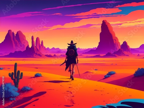 Golden Horizon: One Person Explores the Majestic Desert Landscape at Dusk. Anime style Desert sunset adventure with beautiful nature, sky, and scenery wall art. Generative AI. © Satria