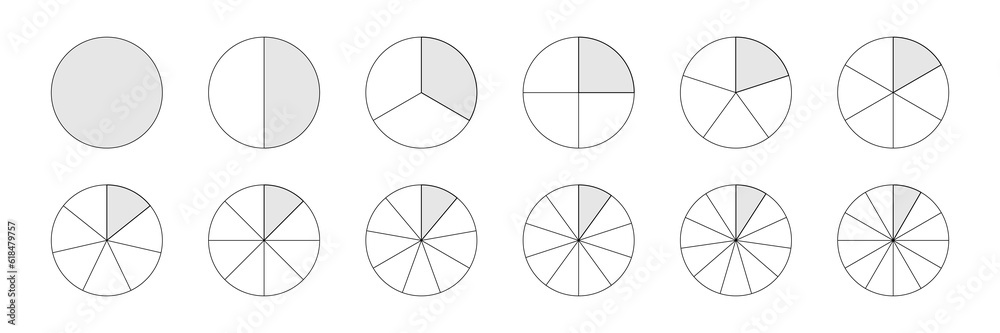 Circles with sections set vector illustration. Abstract black line pie charts with divisions, graphic diagram collection with round geometric elements divide into parts and slices from 1 to 12