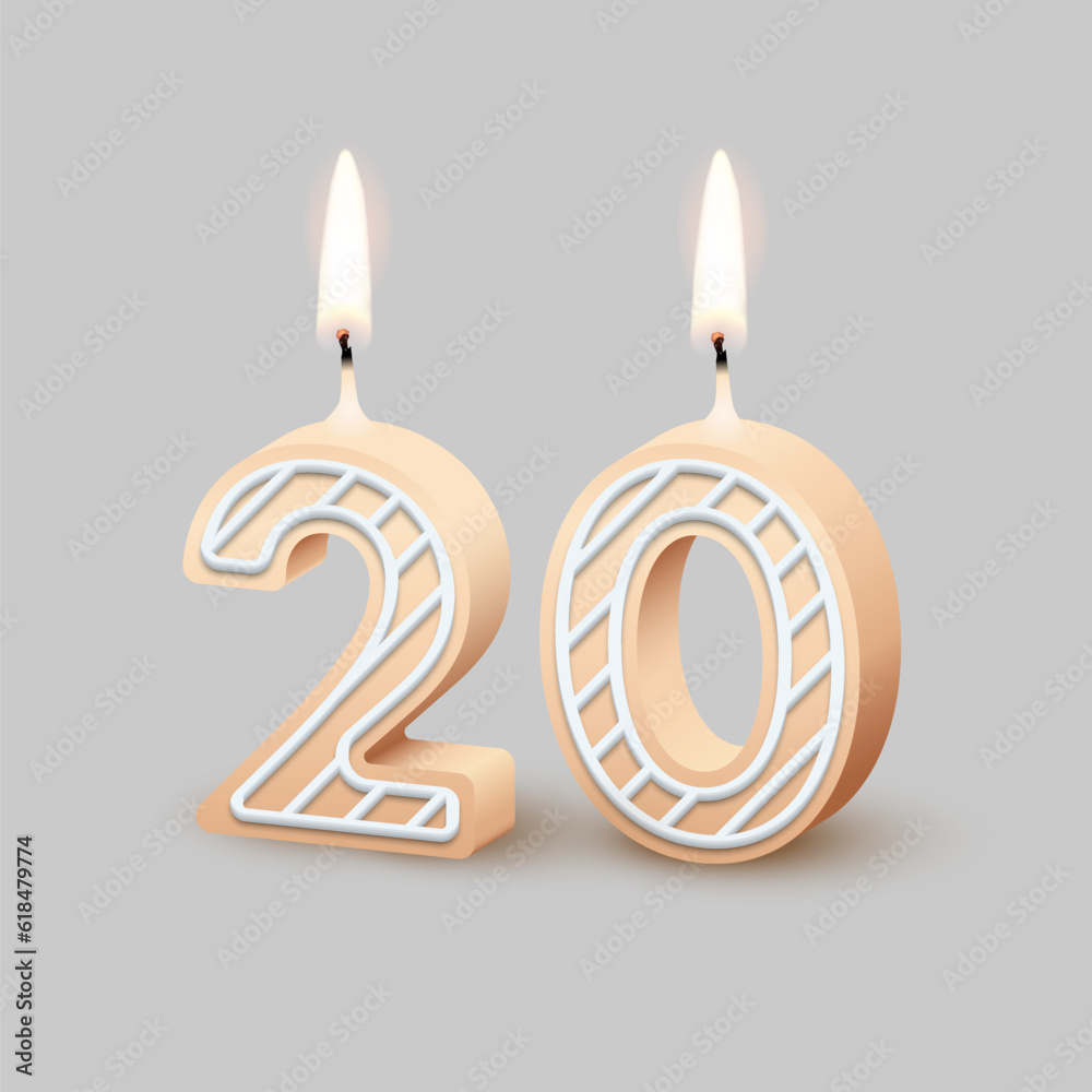 Birthday number twenty, candle with fire vector illustration. 3D beige number 20 with icing, candlelight for birthday or anniversary cake and happy party, invitation and greeting card design template Birthday number twenty, candle with fire vector illustration. 3D beige number 20 with icing, candlelight for birthday or anniversary cake and happy party, invitation and greeting card design template